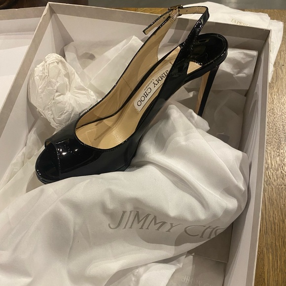 Jimmy Choo Peep-toe Patent Leather Slingback Platform Pumps - Picture 6 of 13